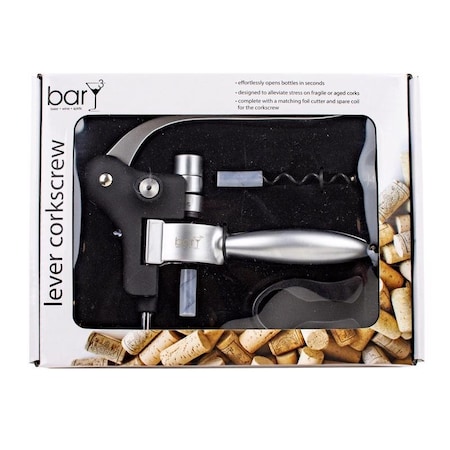 Bary3 BarY3 Black/Silver Stainless Steel Lever Corkscrew Set BAR-0753